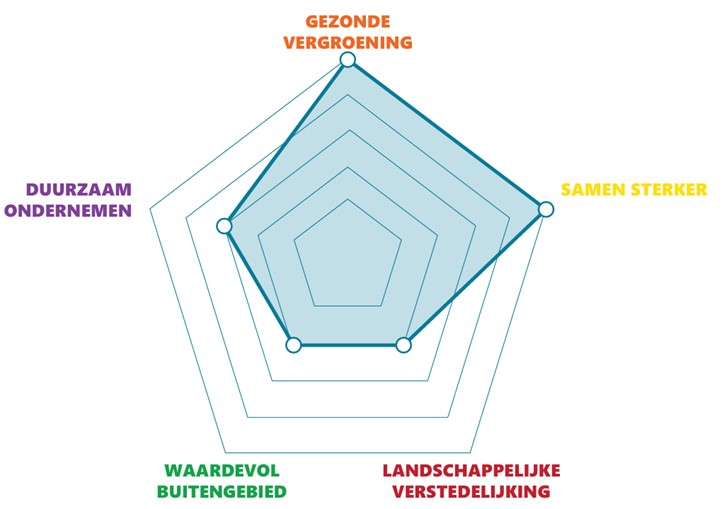 Afbeelding van een spinnenweb. Deze geeft ontwikkelrichting per gebied aan. Meer uitleg in de tekst.
