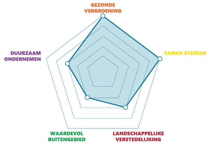 Afbeelding van een spinnenweb. Deze geeft ontwikkelrichting per gebied aan. Meer uitleg in de tekst.