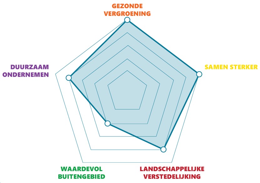 Afbeelding van een spinnenweb. Deze geeft ontwikkelrichting per gebied aan. Meer uitleg in de tekst.