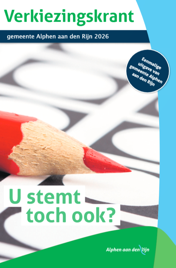 De voorpagina van de verkiezingskrant van de gemeenteraadsverkiezing in Alphen aan den Rijn. De verkiezingskrant is een eenmalige uitgave voor de gemeenteraadsverkiezing op woensdag 18 maart 2026. Op de voorpagina staat de tekst U stemt toch ook?