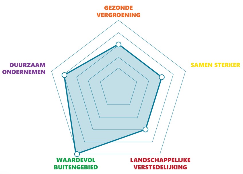 Afbeelding van een spinnenweb. Deze geeft ontwikkelrichting per gebied aan. Meer uitleg in de tekst.