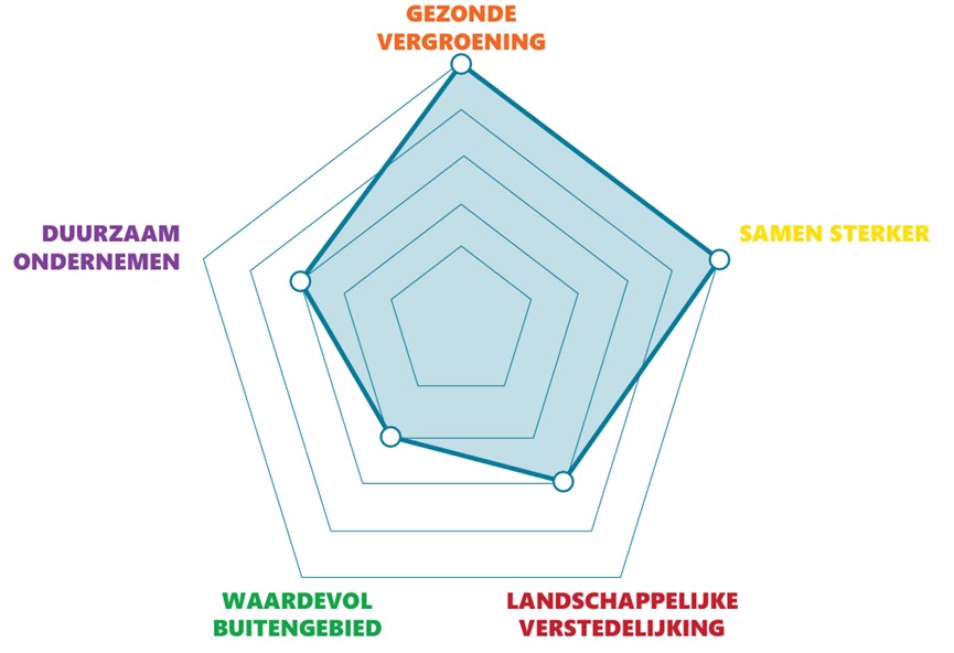 Afbeelding van een spinnenweb. Deze geeft ontwikkelrichting per gebied aan. Meer uitleg in de tekst.