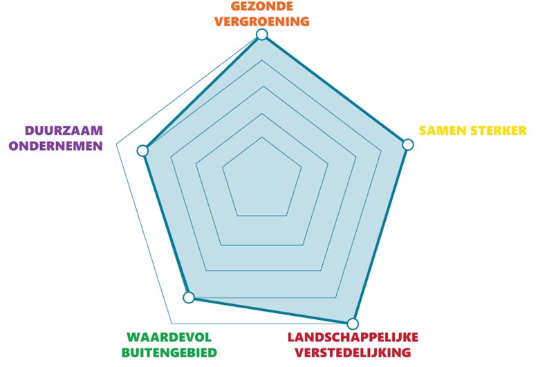 Afbeelding van een spinnenweb. Deze geeft ontwikkelrichting per gebied aan. Meer uitleg in de tekst.