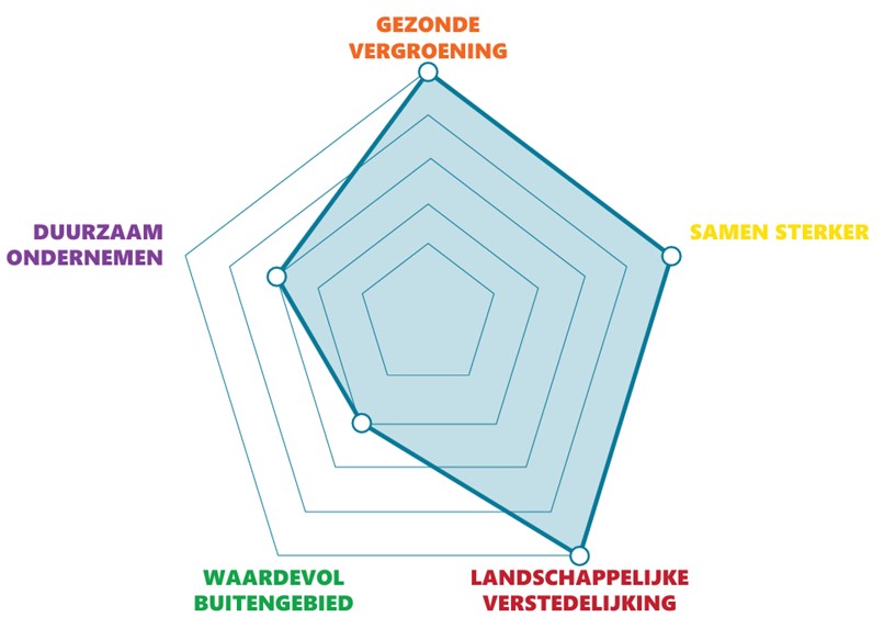 Afbeelding van een spinnenweb. Deze geeft ontwikkelrichting per gebied aan. Meer uitleg in de tekst.