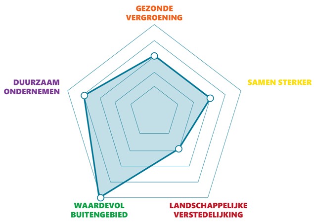Afbeelding van een spinnenweb. Deze geeft ontwikkelrichting per gebied aan. Meer uitleg in de tekst.